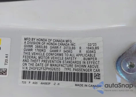 2023 Honda Civic Sport z USA, uszkodzony, nr VIN 2HGFE2F52PH528253